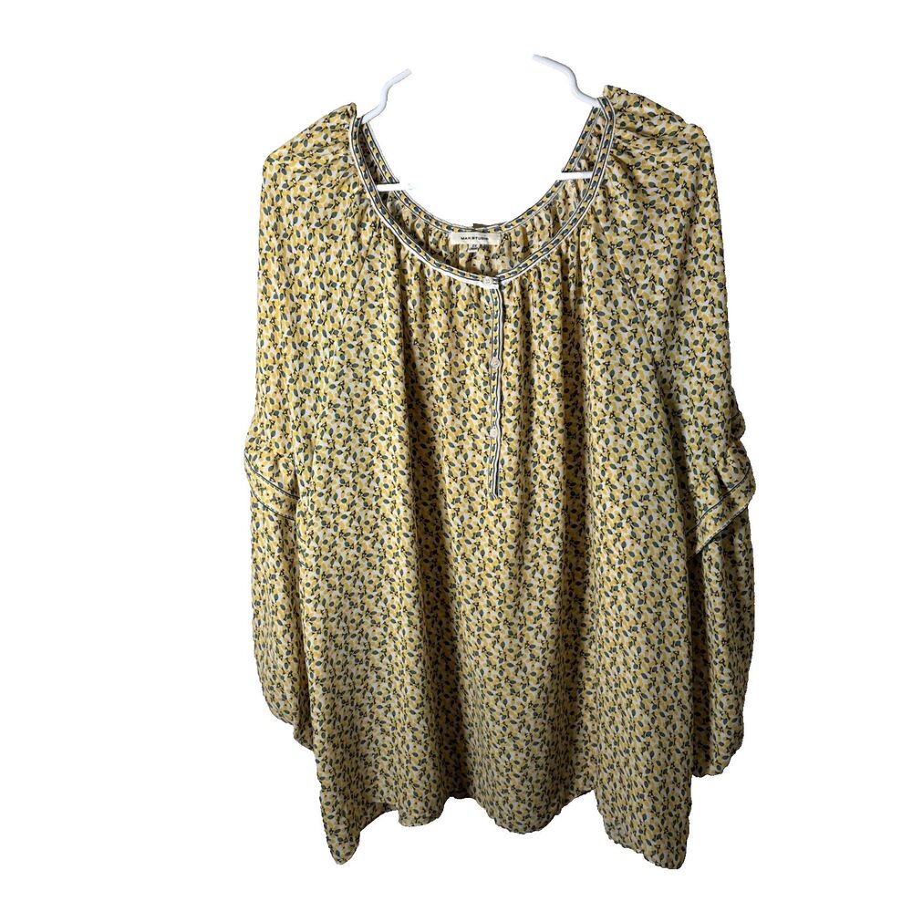 Max Studio Blouse Women's 2X Round Neck Floral Printed Yellow Popover Shirt